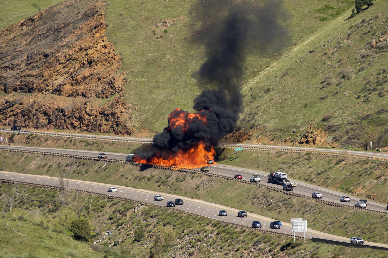 Two-vehicle crash with big rig causes fire on I-210 Freeway.